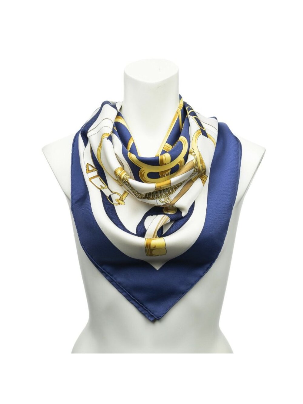 Hermes Scarf Navy White Gold Silk